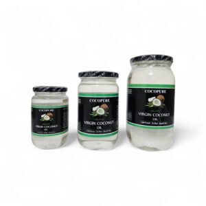 CocoPure organic virgin coconut oil in a glass jar — cold-pressed in Malindi, Kenya